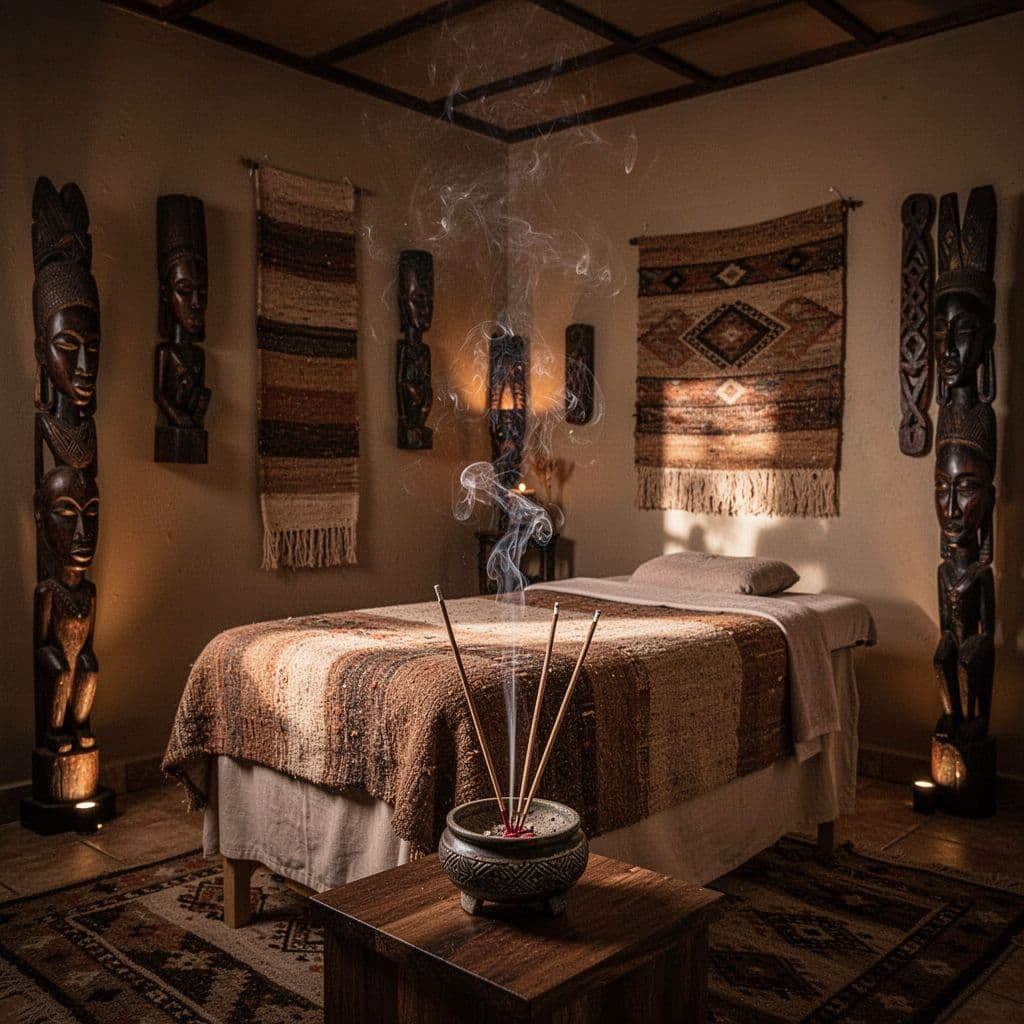 A tranquil massage room features warm golden lighting that illuminates traditional African fabrics and textured wall carvings. A small incense burner releases a gentle curl of smoke near the therapy table.