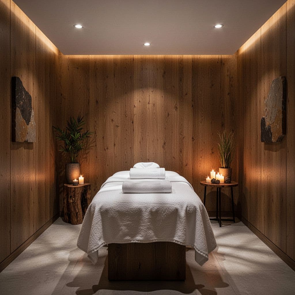 A pristine massage room features a cushioned table draped in crisp white linens. Flickering candles sit atop a dark wood side table, casting a warm glow across the tranquil sanctuary.