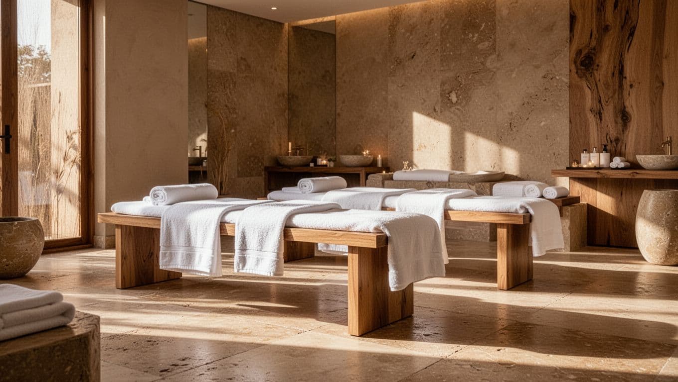 A tranquil massage room features minimalist wooden accents and neatly folded plush white towels atop a treatment bed. Warm amber spotlights create deep shadows against the textured stone walls and floor.