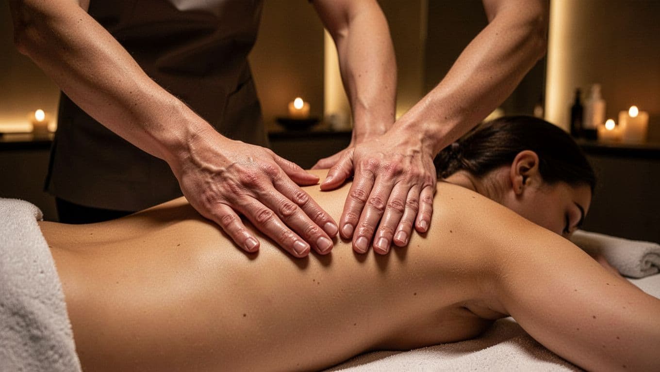A skilled therapist places hands gently on a client's back inside a dimly lit spa room. Warm, dramatic accent lighting highlights the professional atmosphere and the focused, calm movement of hands.