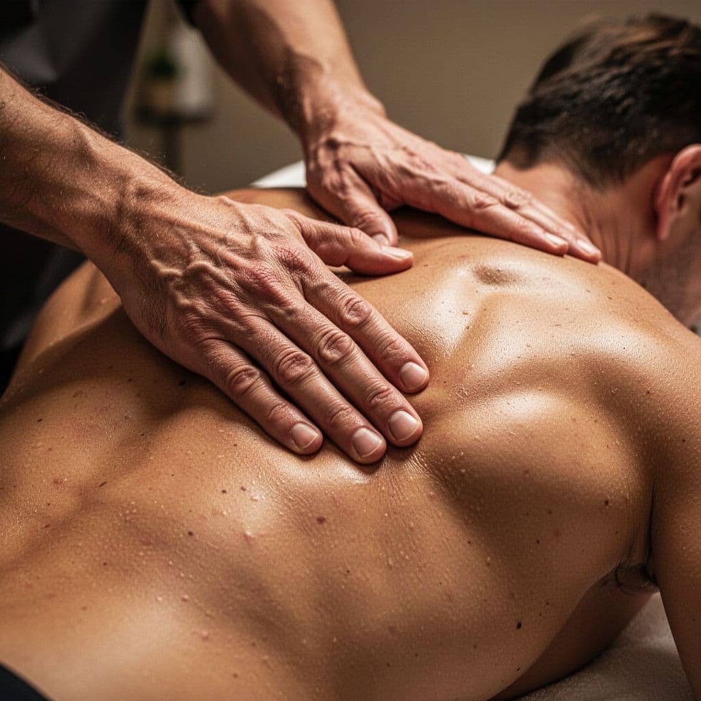 A skilled therapist uses firm hand pressure on a client's tense upper back muscles. Soft, warm ambient light highlights the texture of the skin while the background remains softly blurred.