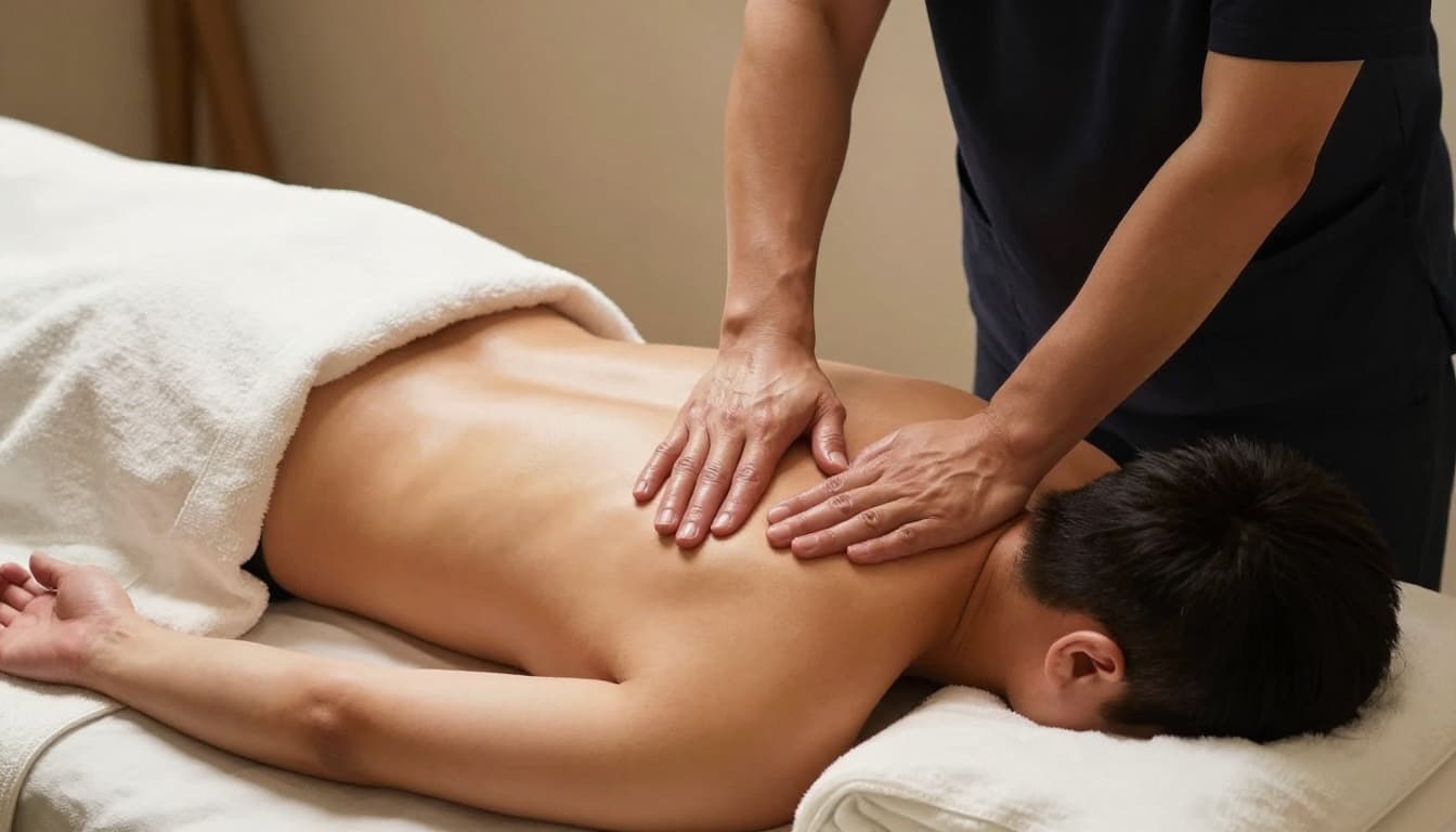 A focused therapist applies firm pressure to a client's back while maintaining perfect ergonomic posture. Warm ambient lighting creates a tranquil atmosphere within the clinical yet comfortable private treatment suite.