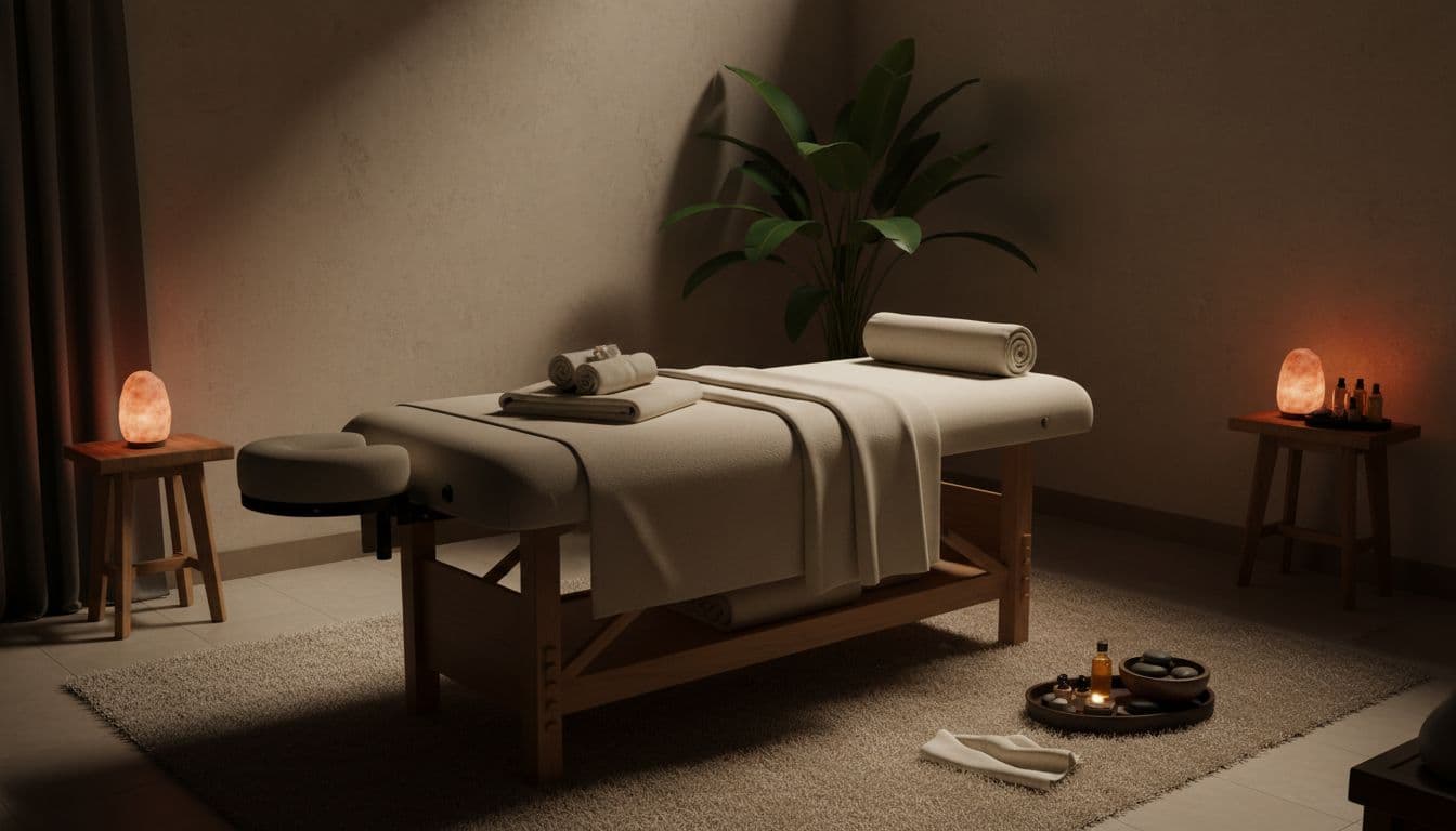 A cushioned massage table sits in the center of a dim room, adorned with neatly folded white towels. Warm ambient lamps cast soft glows against the textured walls for a relaxing atmosphere.