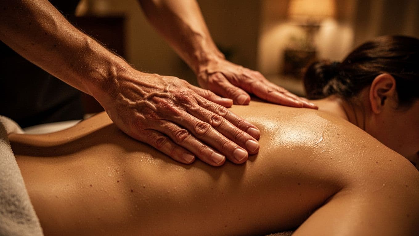 A close-up view of a massage therapist applying pressure to a client's back with focused technique. The scene is set in a dimly lit, cozy room illuminated by warm amber lighting.