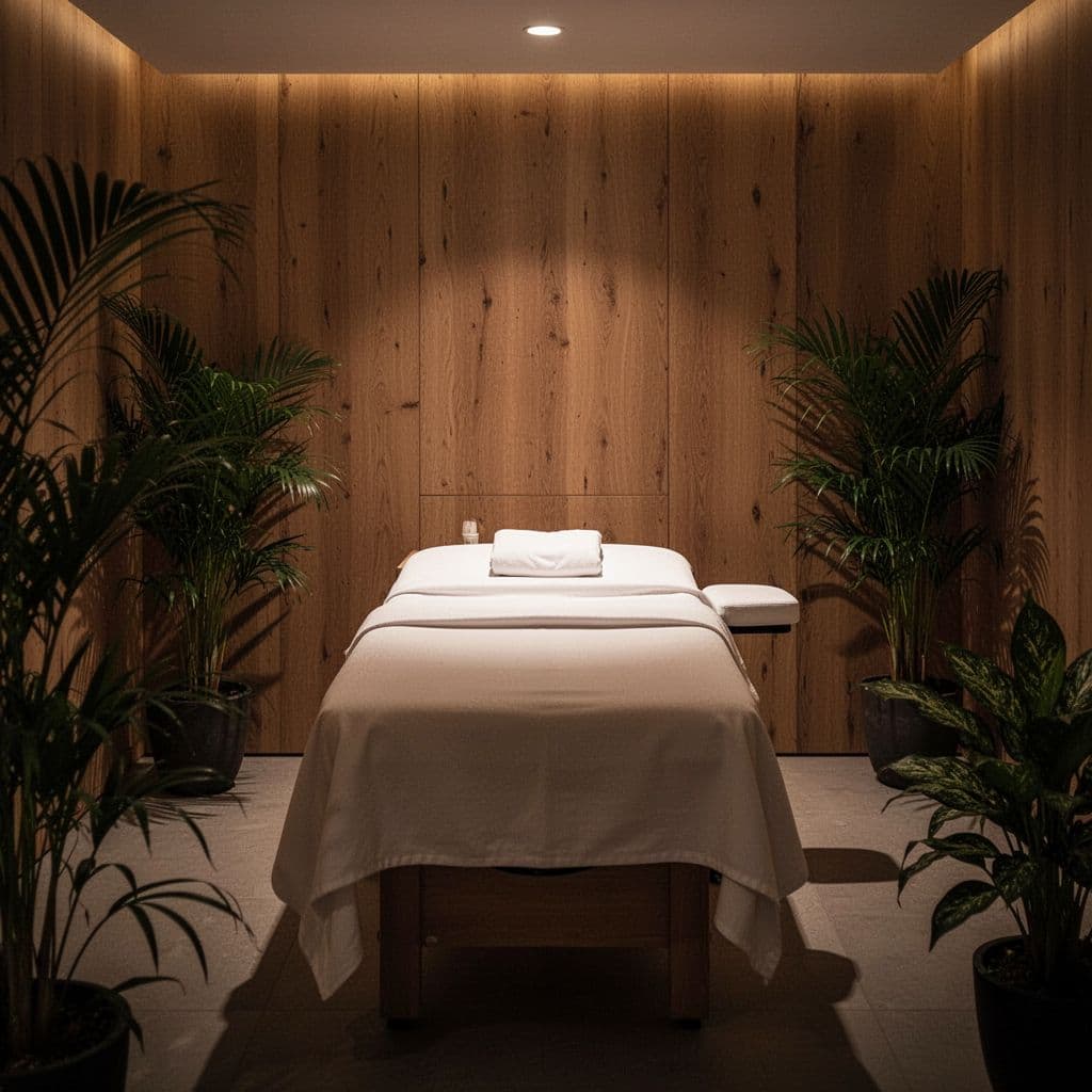 A plush massage table sits centered on dark wooden flooring, draped in crisp white linens. Warm ambient lighting glows behind tropical plants, creating a tranquil atmosphere for professional wellness treatments.
