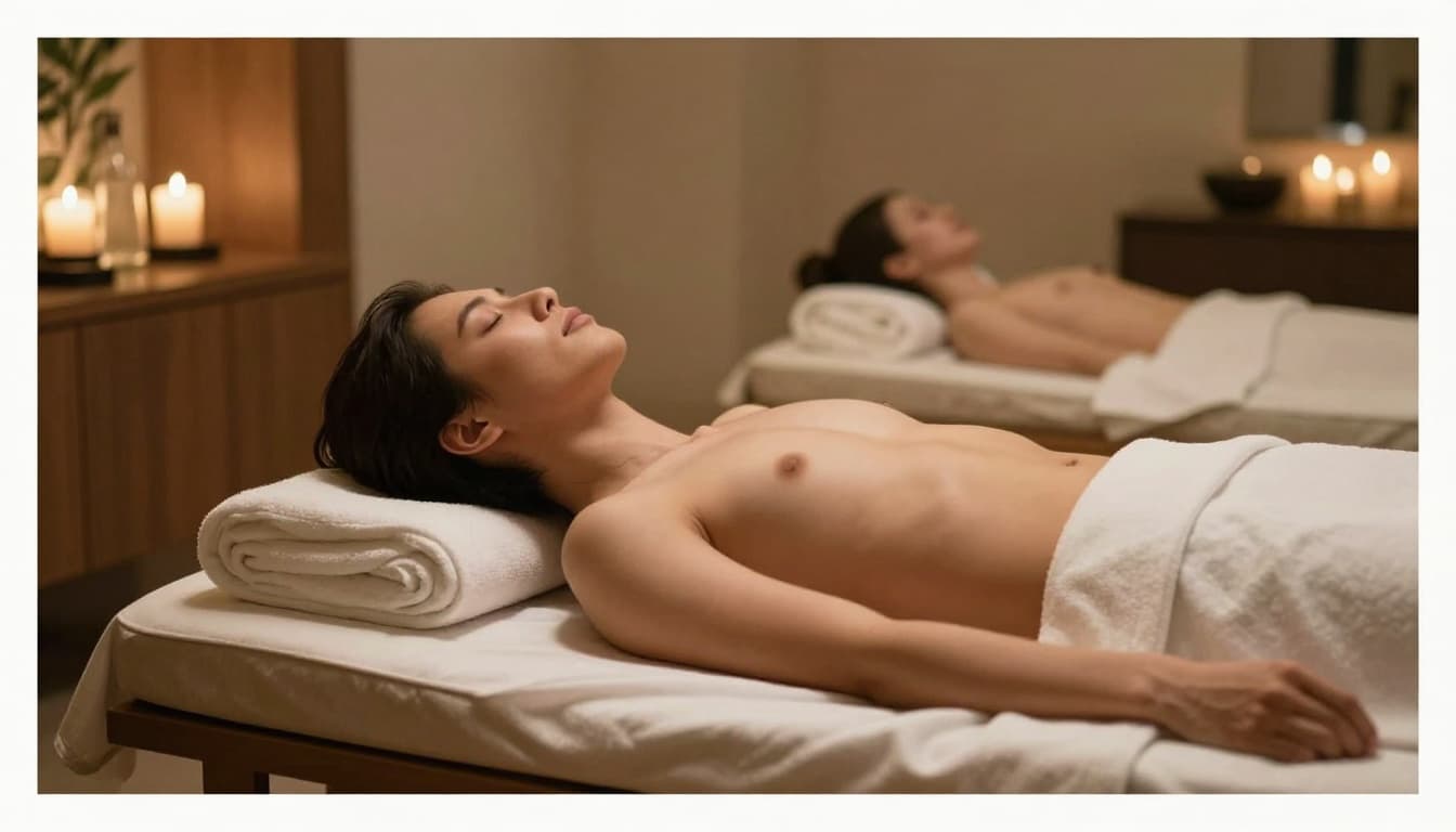 A person rests deeply in a plush, velvet lounge chair within a serene spa room. Soft ambient light highlights the warm textures of the upholstery and the peaceful, tranquil atmosphere.