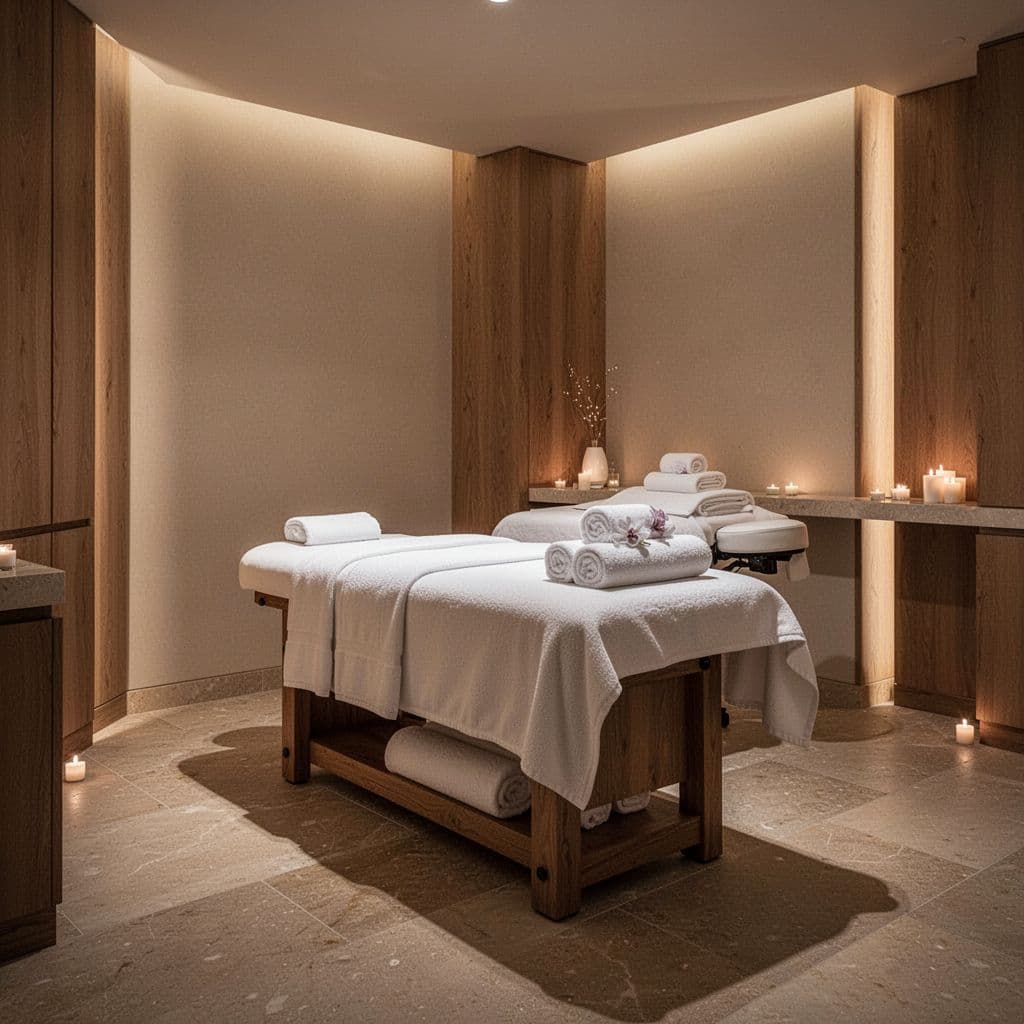 A professional massage table sits centered in a dimly lit room featuring clean white towels and organic wooden accents. Warm, dramatic lighting highlights the textures of the serene, high-end environment.