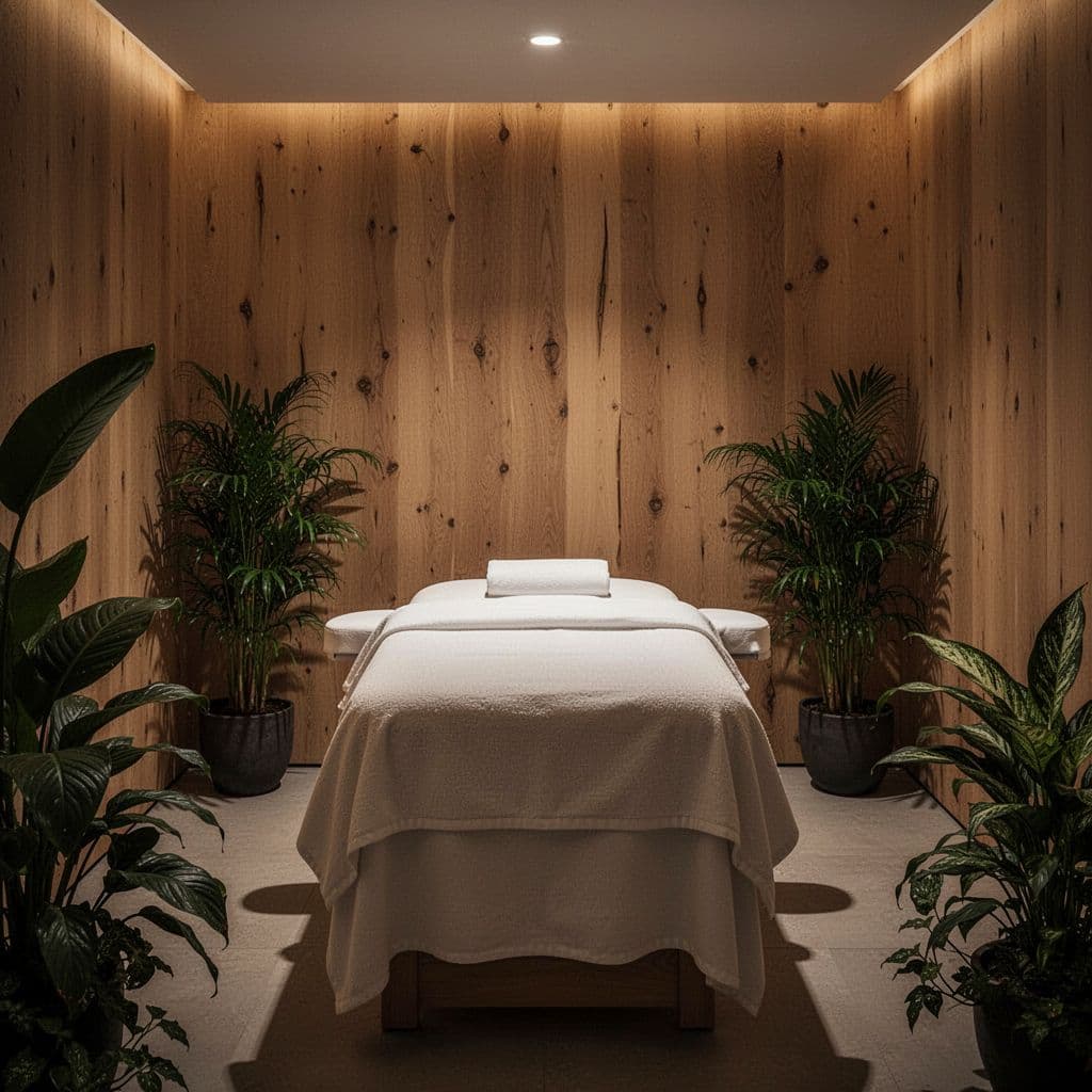 A plush massage table with folded white linens sits centered in a dimly lit room featuring warm ambient wall lights, natural wood accents, and vibrant indoor plants placed in corners.