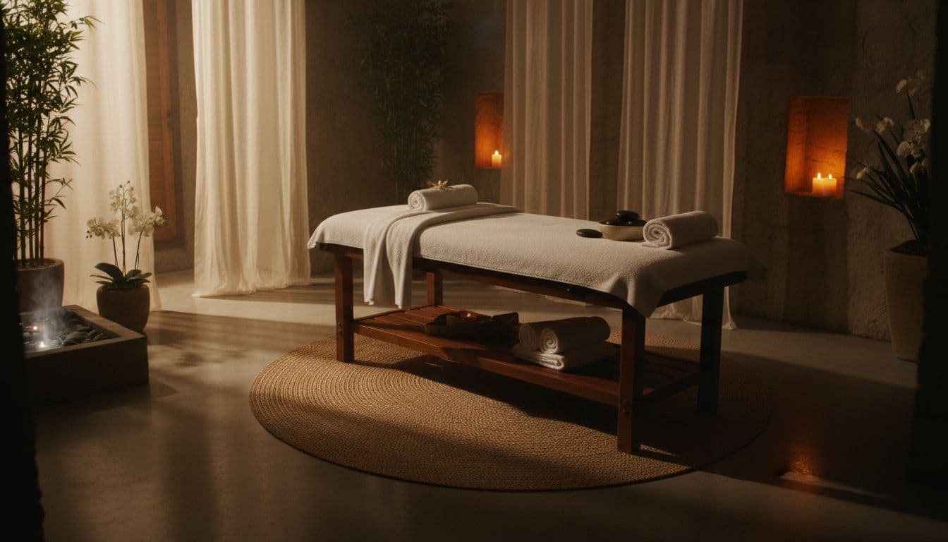 A pristine massage table draped with folded white towels sits centered in a dimly lit, tranquil room. Warm ambient glow highlights the stone wall textures and minimalist decor of the space.