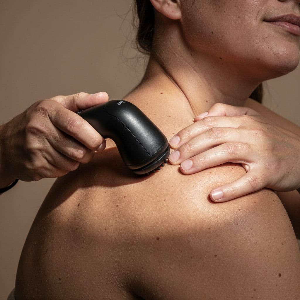 A handheld percussion device presses firmly against a person's upper trapezius and neck. The dramatic lighting highlights the textured muscle surface and the metallic finish of the professional recovery tool.