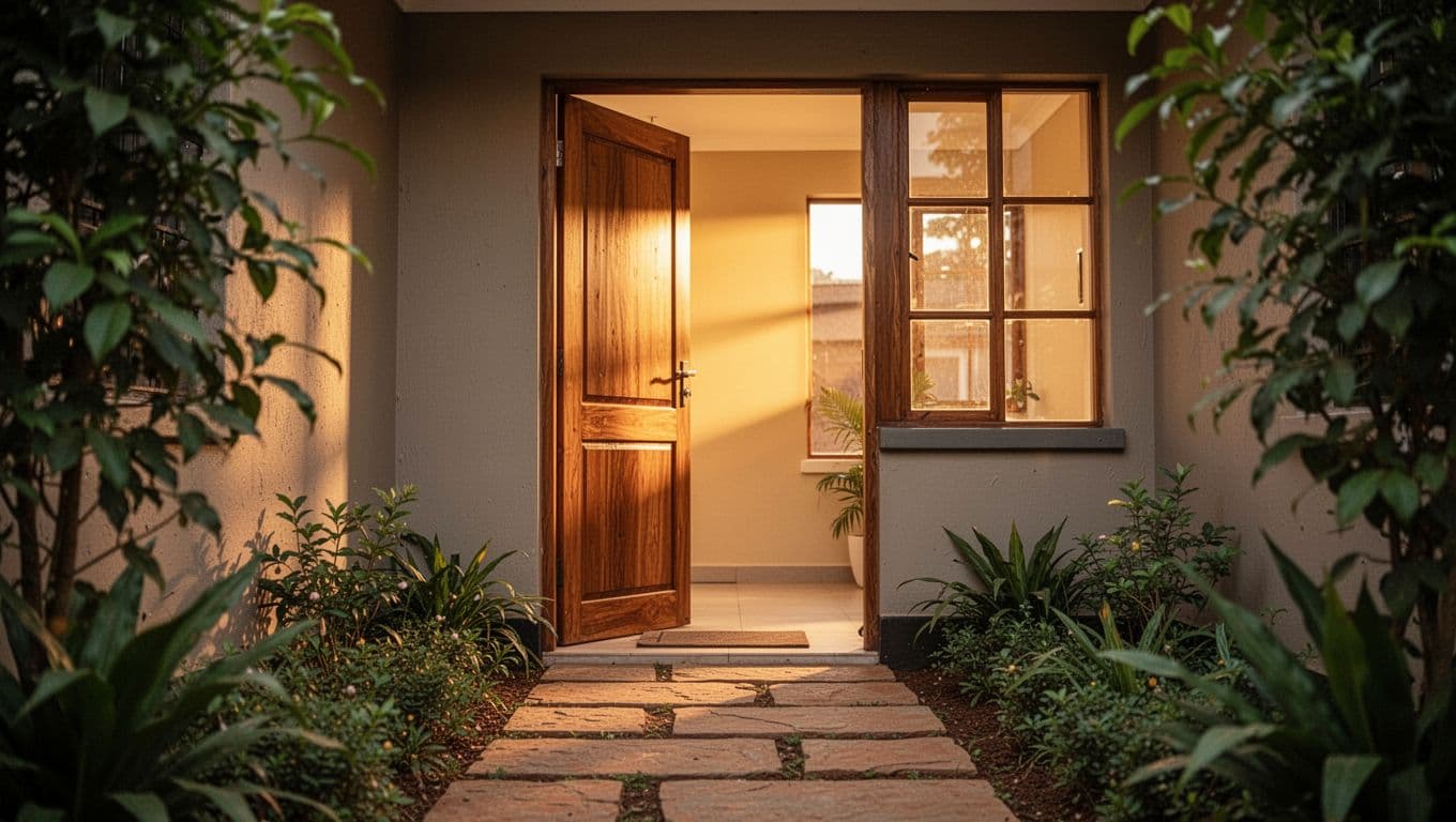 A warm yellow glow spills from the glass window of a quiet wellness studio, illuminating the stone walkway. Lush green plants flank the wooden door, creating a serene evening entryway.